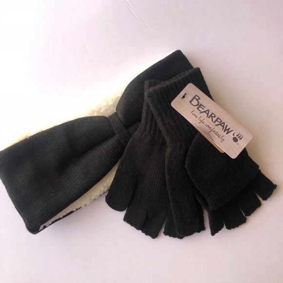 NWT Women's Bearpaw Headband and Pop Top Hand Mittens Wear Set in Black - Picture 1 of 4